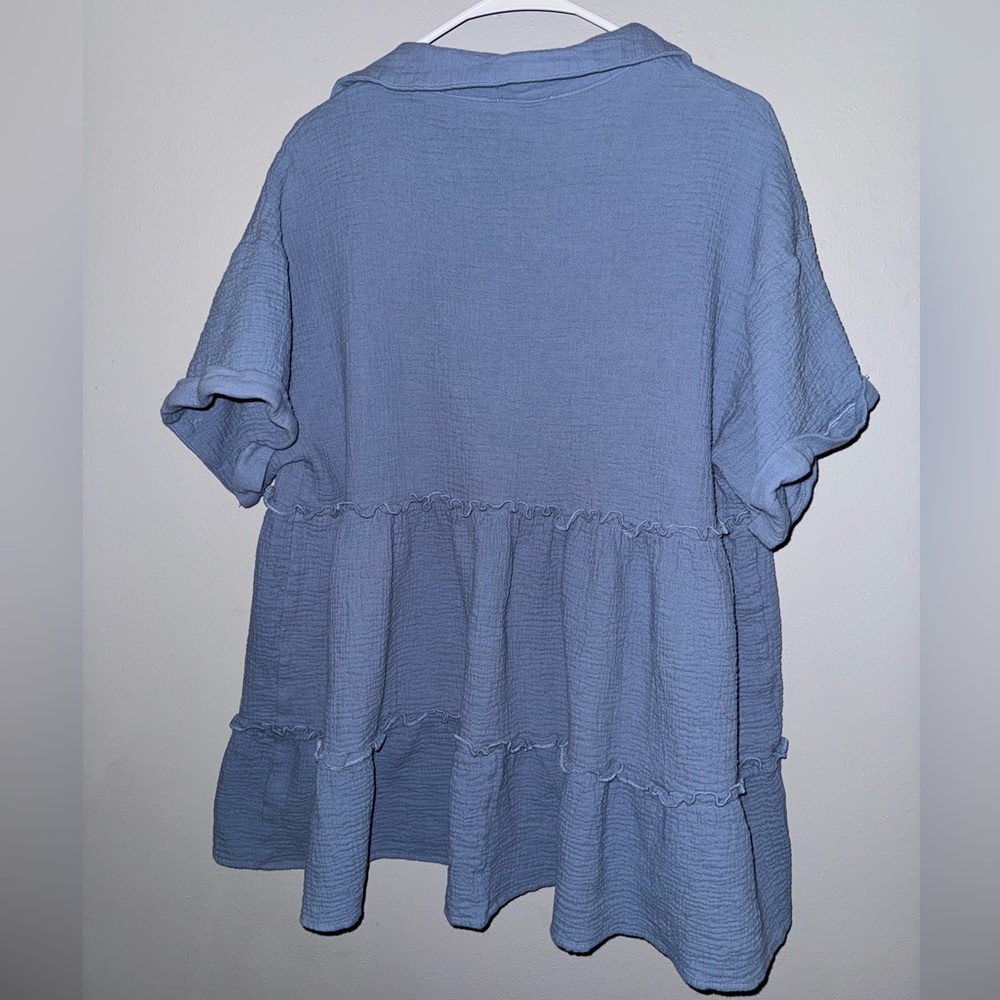 AURA linen tiered blue cotton button down mini dress size large - Picture 5 of 9